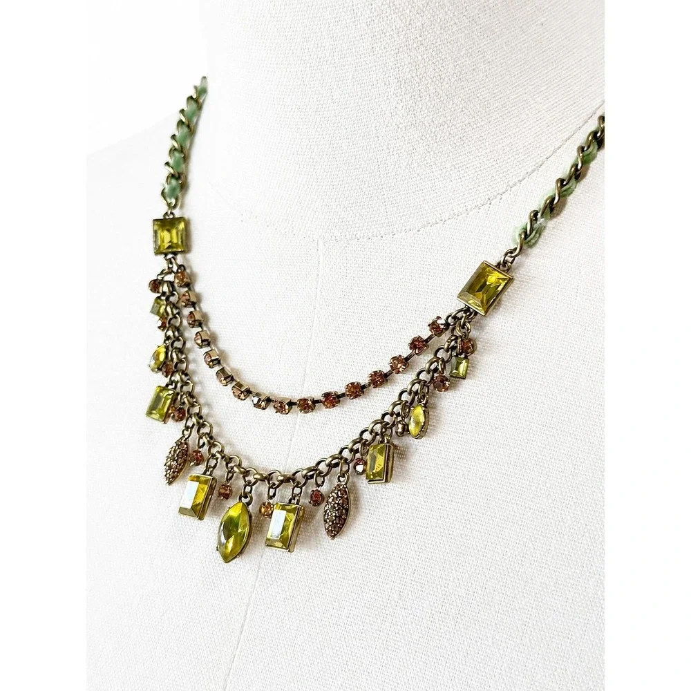 Betsey Johnson Green Rhinestone Bib Statement Necklace Fabric Chain Signed